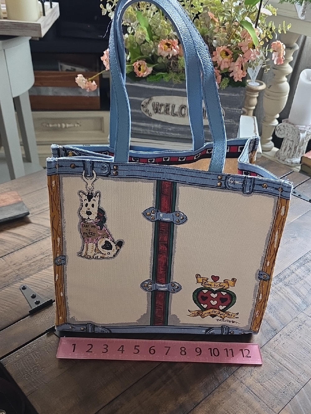 Brighton Cream Canvas Tote with Blue Handles and Trunk Patchwork